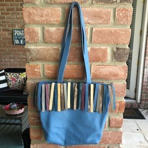 COCO BARCLAY Blue Pebbled Leather Boho Shoulder Bag Fringe London EUC